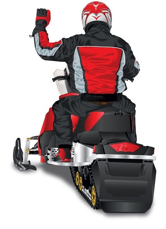 Rear view of a snowmobile rider raising a gloved hand